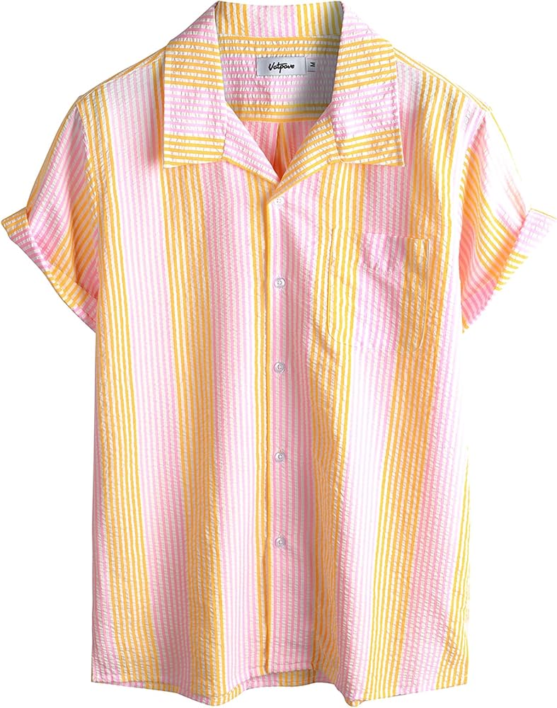 VATPAVE Mens Casual Striped Shirts Short Sleeve Button Down Summer Shirts Regular Fit Beach Shirts with Pocket